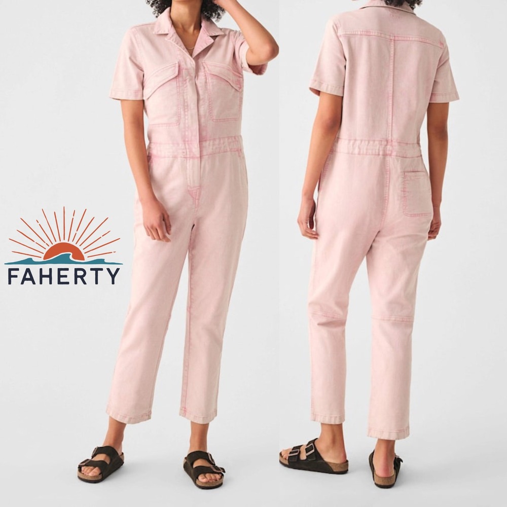 Faherty Blythe Pink Organic Cotton Utility Jumpsuit, Medium Barbie Dopamine
